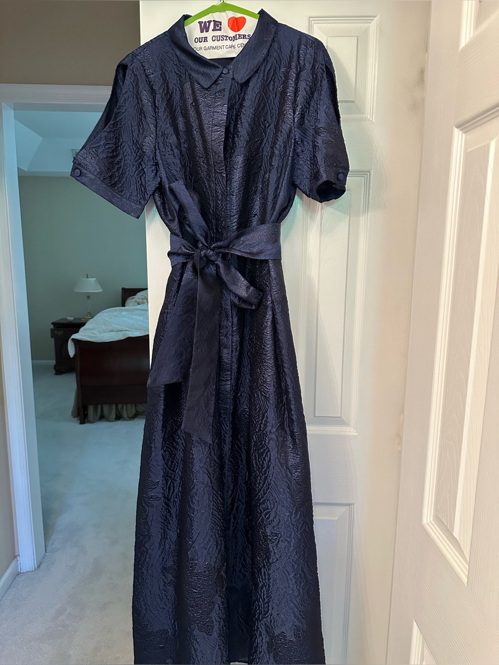 Teri Jon by Rickie Freeman Navy Textured Dress with Tie Waist